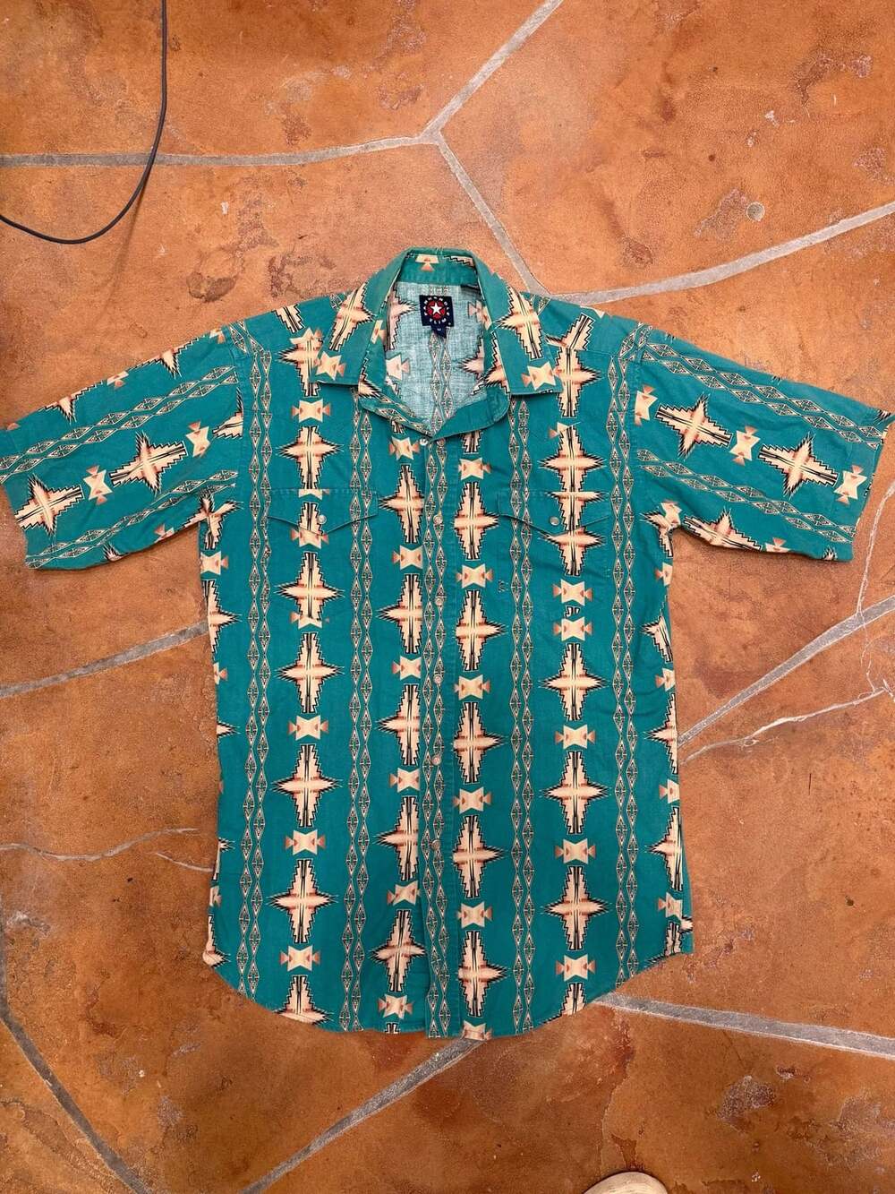 VTG Panhandle Slim Western Short Sleeve Shirt Turquoise Aztec Pearl Snap- M
